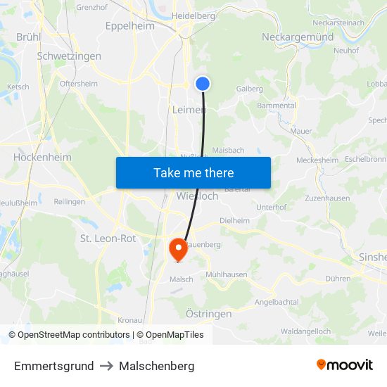 Emmertsgrund to Malschenberg map