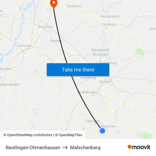Reutlingen-Ohmenhausen to Malschenberg map