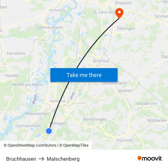 Bruchhausen to Malschenberg map