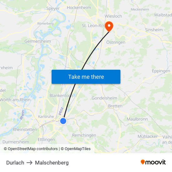 Durlach to Malschenberg map