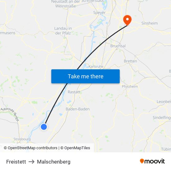 Freistett to Malschenberg map