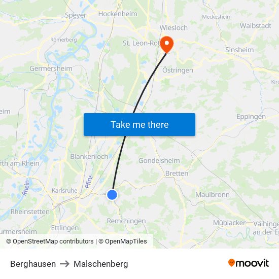 Berghausen to Malschenberg map