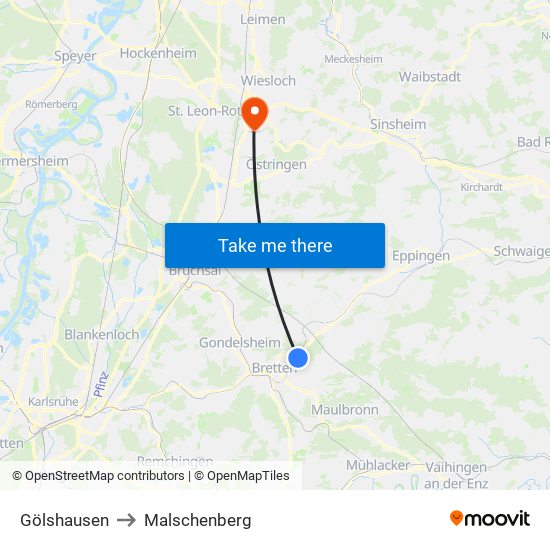 Gölshausen to Malschenberg map