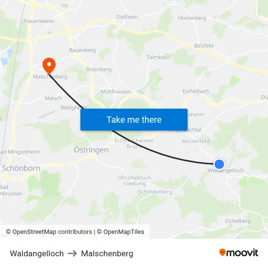 Waldangelloch to Malschenberg map
