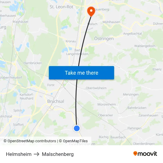 Helmsheim to Malschenberg map