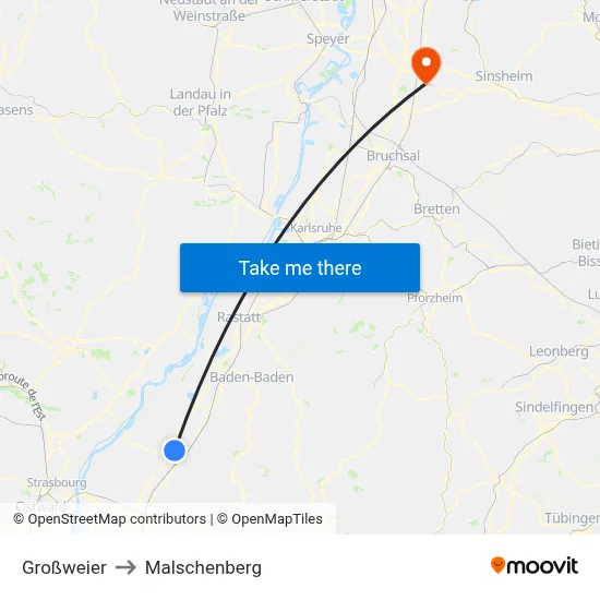 Großweier to Malschenberg map