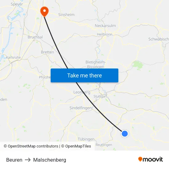 Beuren to Malschenberg map