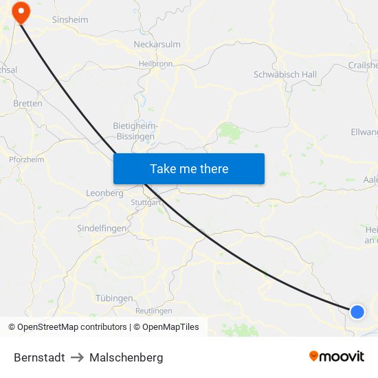 Bernstadt to Malschenberg map