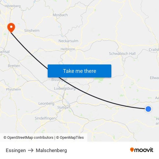 Essingen to Malschenberg map