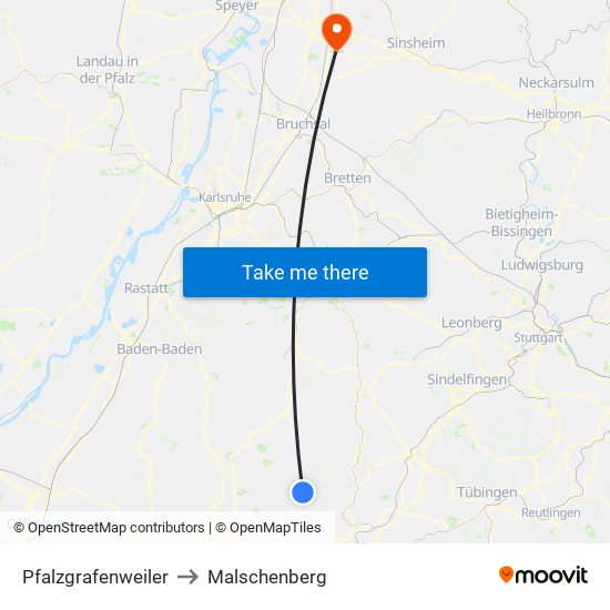 Pfalzgrafenweiler to Malschenberg map