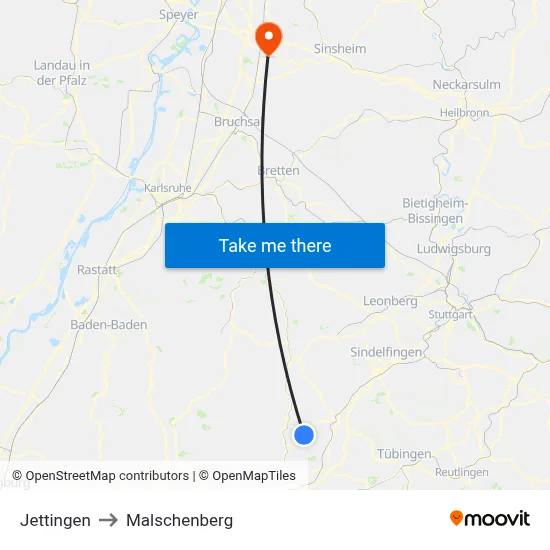 Jettingen to Malschenberg map