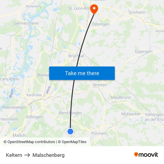 Keltern to Malschenberg map