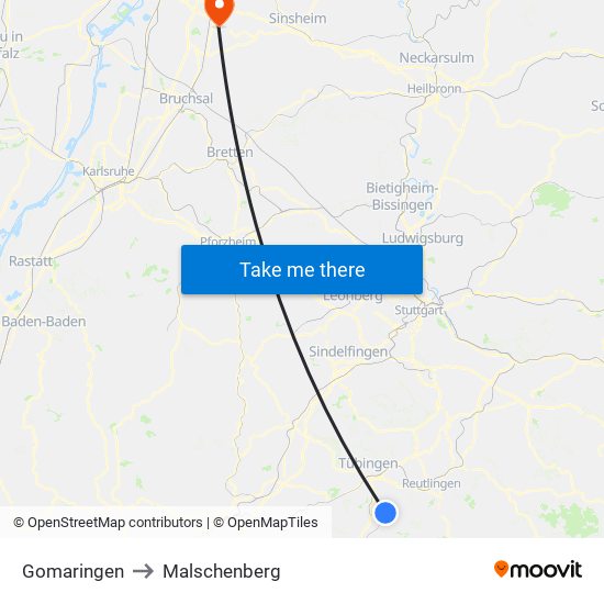 Gomaringen to Malschenberg map