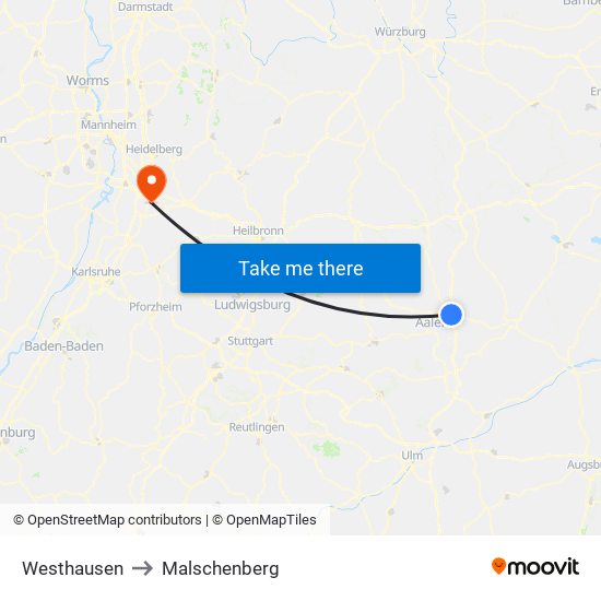 Westhausen to Malschenberg map