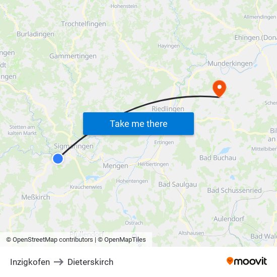Inzigkofen to Dieterskirch map