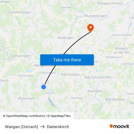 Wangen (Ostrach) to Dieterskirch map