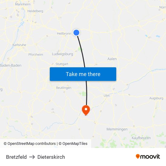 Bretzfeld to Dieterskirch map