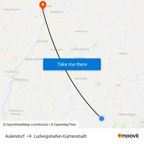 Aulendorf to Ludwigshafen-Gartenstadt map