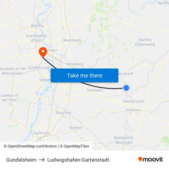 Gundelsheim to Ludwigshafen-Gartenstadt map