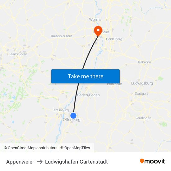 Appenweier to Ludwigshafen-Gartenstadt map