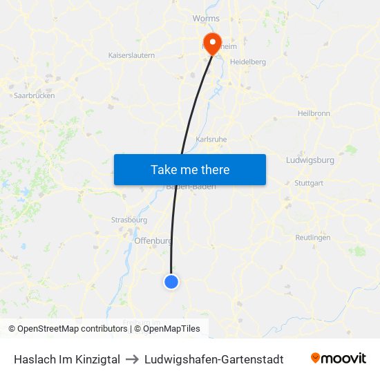 Haslach Im Kinzigtal to Ludwigshafen-Gartenstadt map