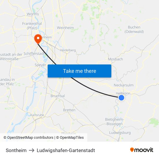 Sontheim to Ludwigshafen-Gartenstadt map