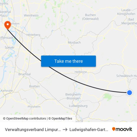 Verwaltungsverband Limpurger Land to Ludwigshafen-Gartenstadt map