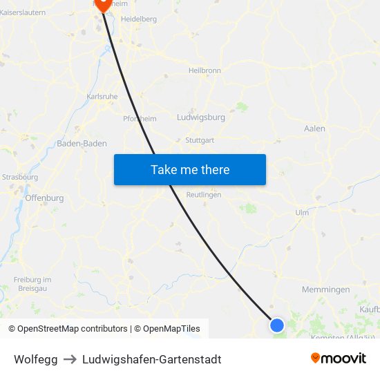 Wolfegg to Ludwigshafen-Gartenstadt map