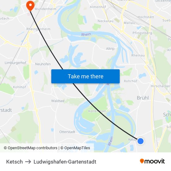 Ketsch to Ludwigshafen-Gartenstadt map