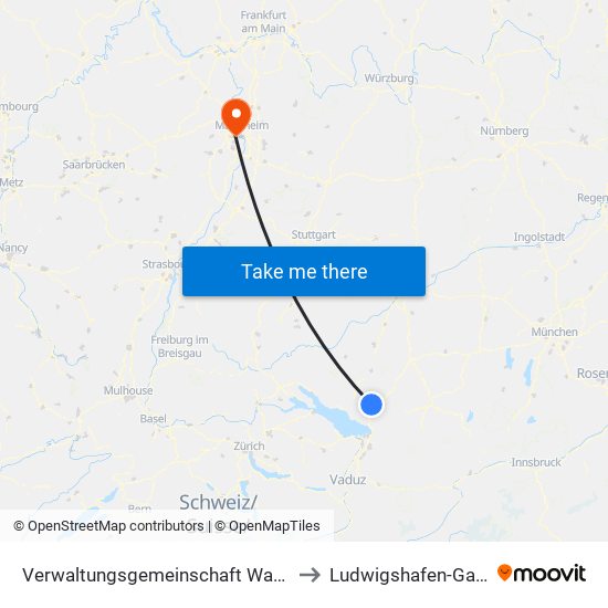 Verwaltungsgemeinschaft Wangen Im Allgäu to Ludwigshafen-Gartenstadt map