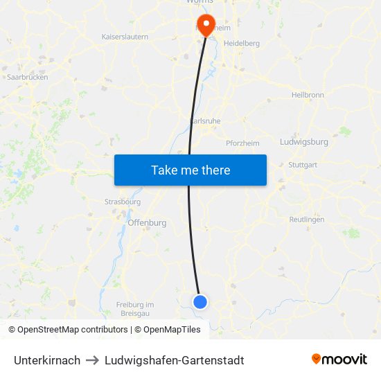 Unterkirnach to Ludwigshafen-Gartenstadt map