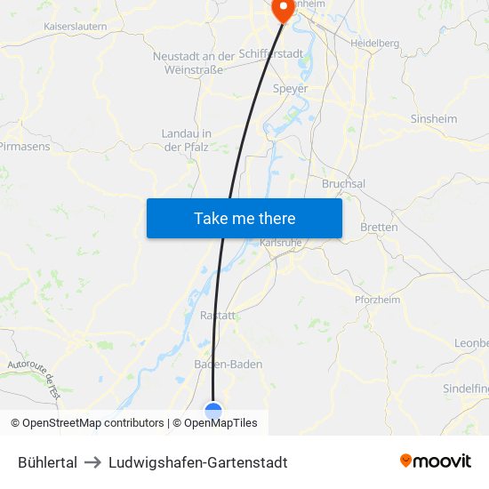 Bühlertal to Ludwigshafen-Gartenstadt map