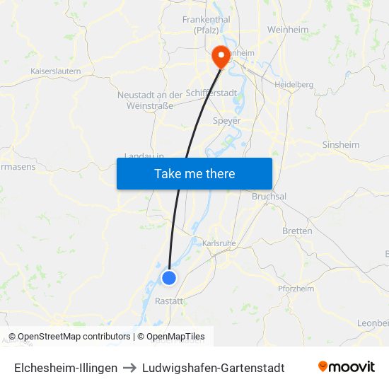 Elchesheim-Illingen to Ludwigshafen-Gartenstadt map