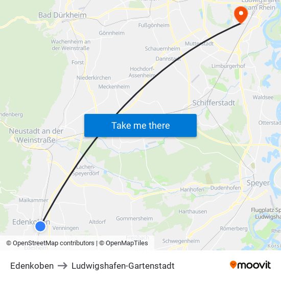 Edenkoben to Ludwigshafen-Gartenstadt map