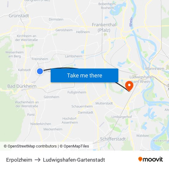 Erpolzheim to Ludwigshafen-Gartenstadt map