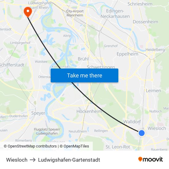 Wiesloch to Ludwigshafen-Gartenstadt map