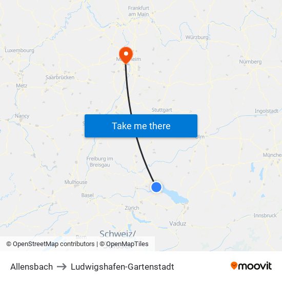 Allensbach to Ludwigshafen-Gartenstadt map