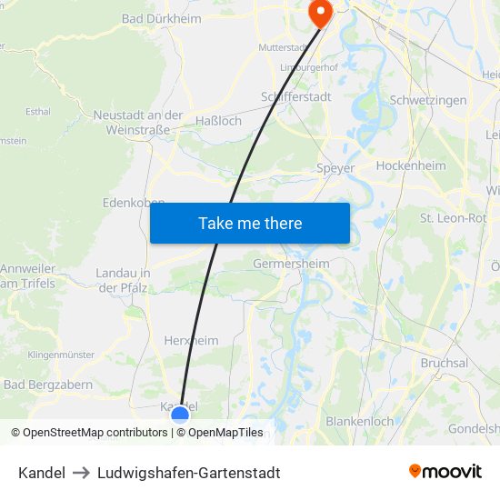 Kandel to Ludwigshafen-Gartenstadt map