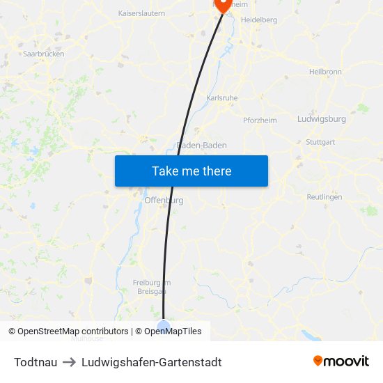 Todtnau to Ludwigshafen-Gartenstadt map