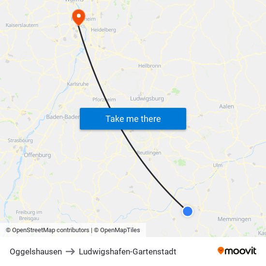 Oggelshausen to Ludwigshafen-Gartenstadt map