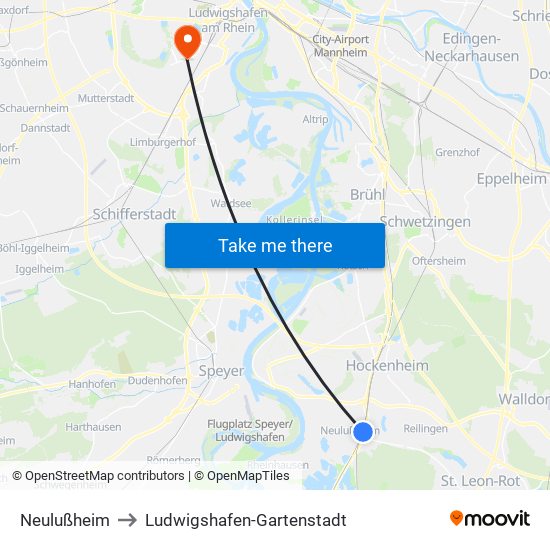 Neulußheim to Ludwigshafen-Gartenstadt map