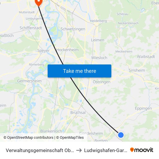 Verwaltungsgemeinschaft Oberderdingen to Ludwigshafen-Gartenstadt map