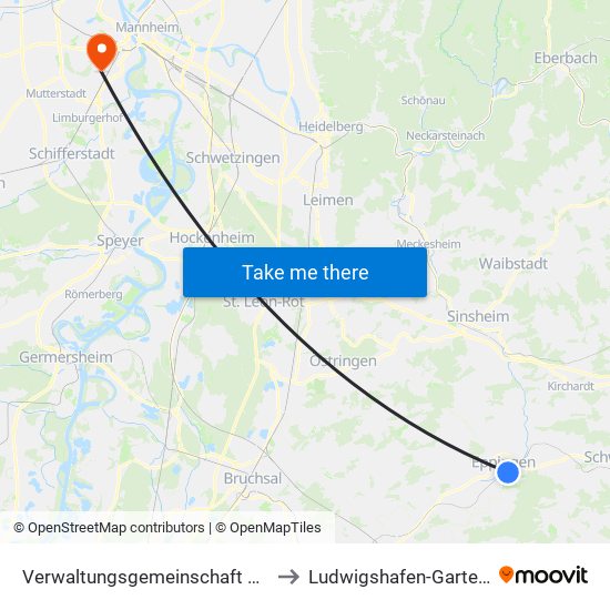 Verwaltungsgemeinschaft Eppingen to Ludwigshafen-Gartenstadt map