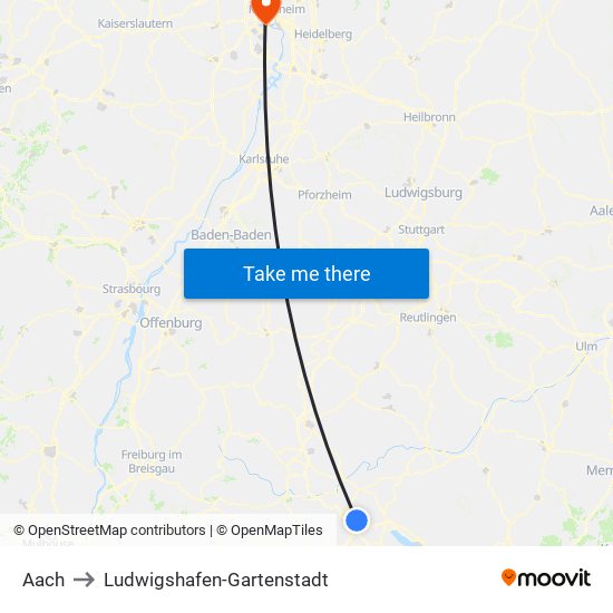 Aach to Ludwigshafen-Gartenstadt map