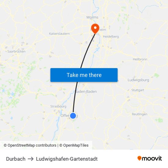 Durbach to Ludwigshafen-Gartenstadt map