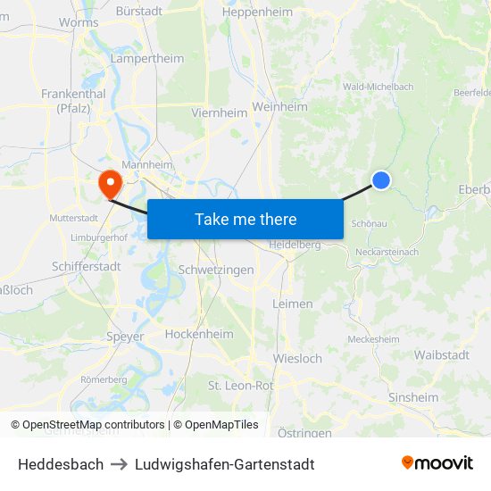 Heddesbach to Ludwigshafen-Gartenstadt map