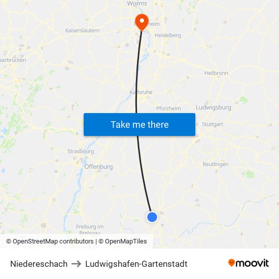 Niedereschach to Ludwigshafen-Gartenstadt map