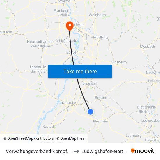 Verwaltungsverband Kämpfelbachtal to Ludwigshafen-Gartenstadt map