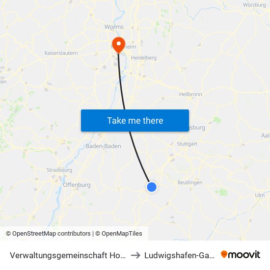 Verwaltungsgemeinschaft Horb am Neckar to Ludwigshafen-Gartenstadt map