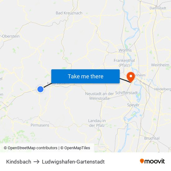 Kindsbach to Ludwigshafen-Gartenstadt map